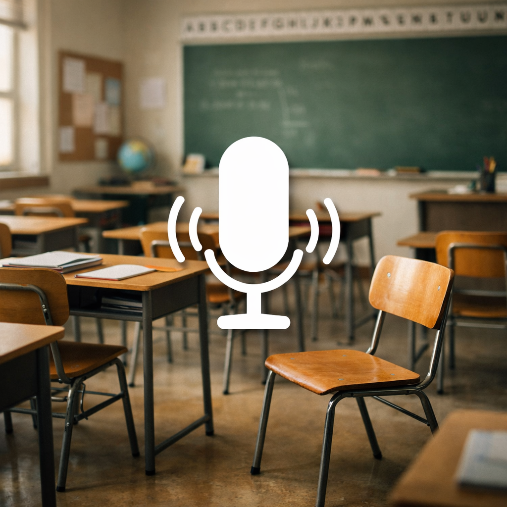 Empty classroom with wooden desks and chairs with a superimposed white microphone icon