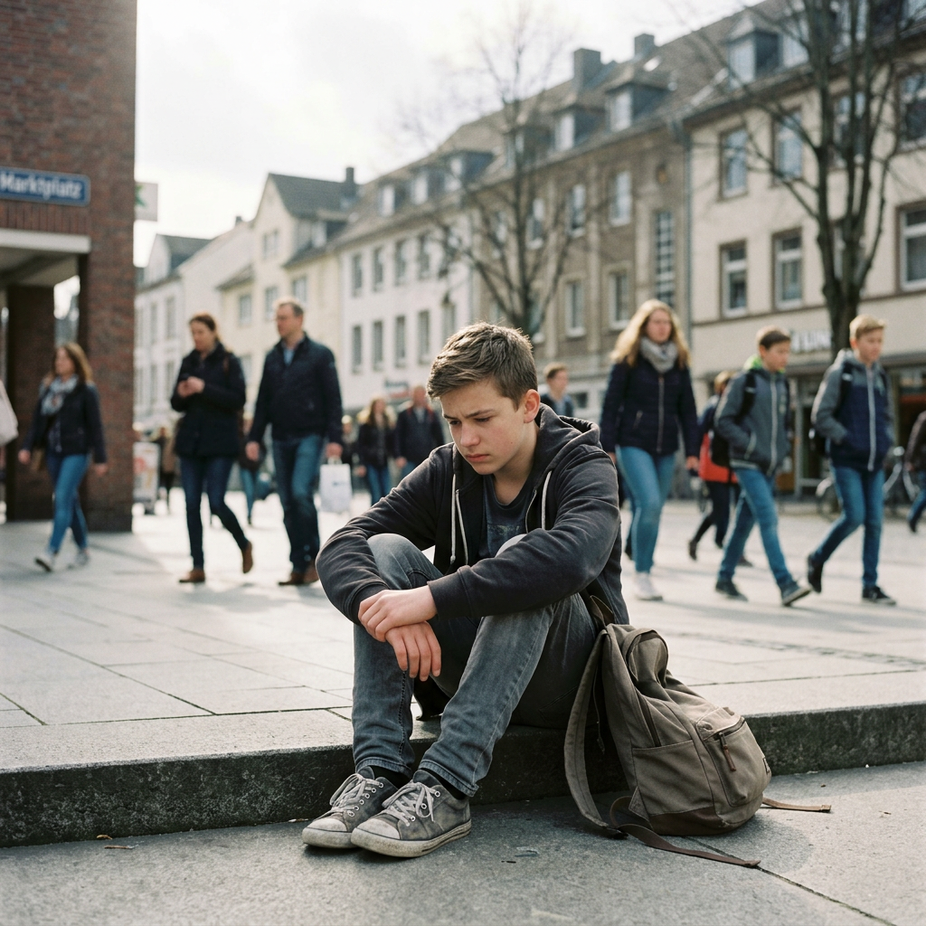 teenage boy sitting alone on sidewalk in busy urban area looking sad
