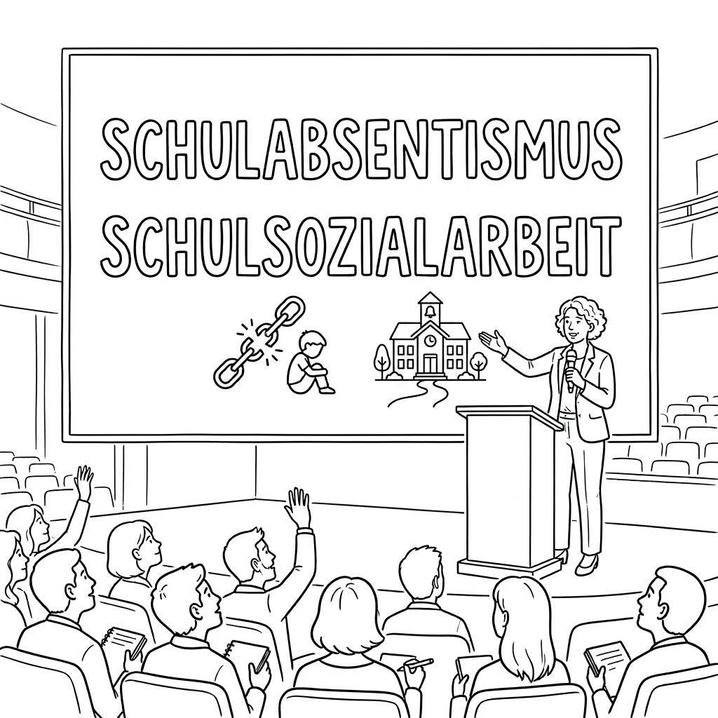 A person speaking at a podium in front of a screen displaying 'Schulabsentismus' and 'Schulsozialarbeit' with related icons.
