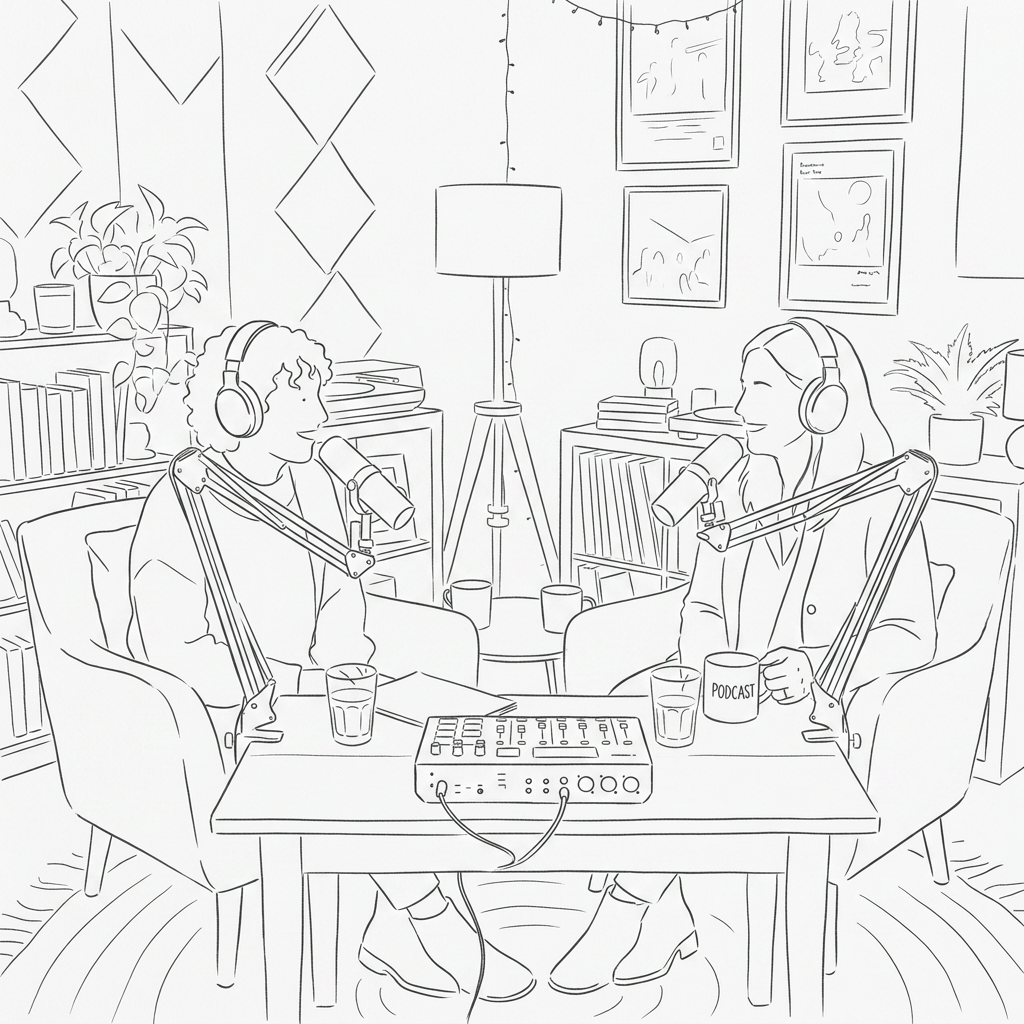 Two women wearing headphones speaking into microphones at a wooden table with podcast equipment