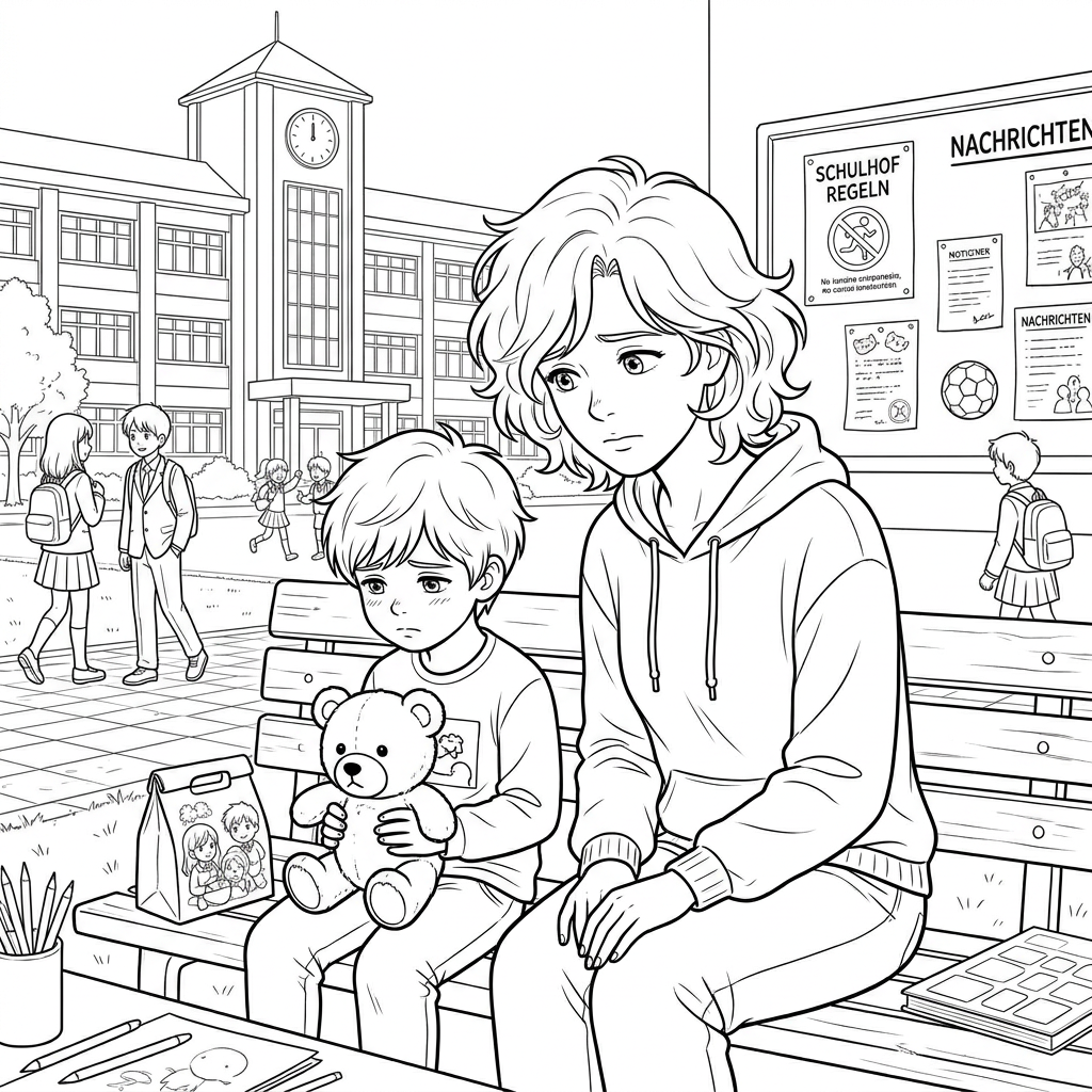 A woman gently hugging a crying child holding a teddy bear in an office labeled Jugendamt Düsseldorf